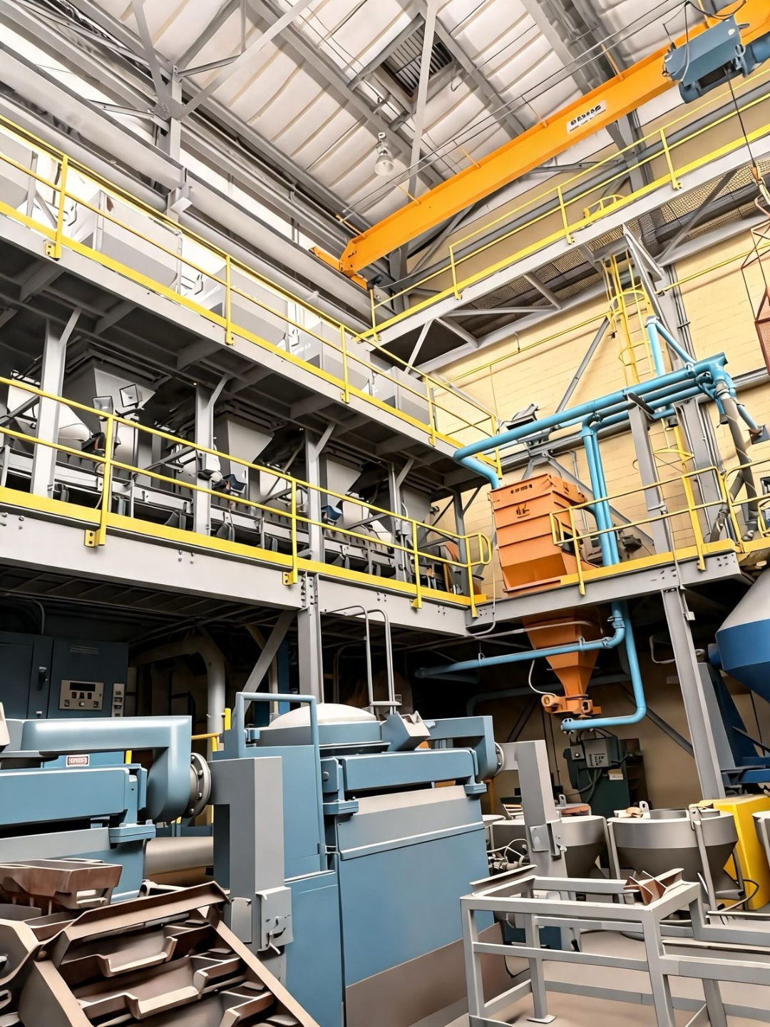Flotation and separation circuit with overhead crane and conveyor systems