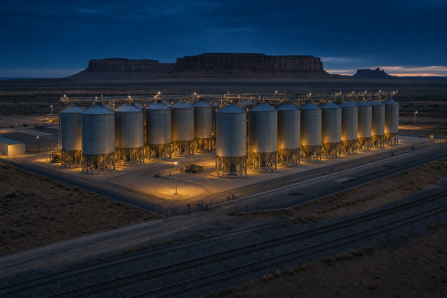 Yucca Mineral Vault concept rendering — secured silos against the Mohave County mesa at twilight, BNSF rail siding in foreground.